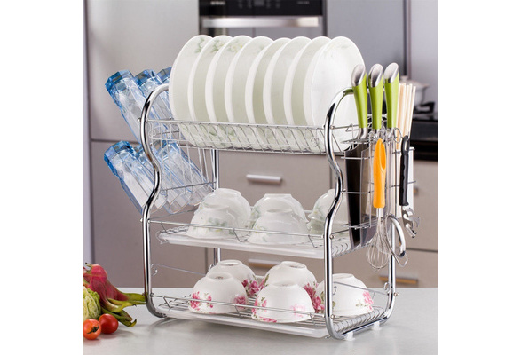 3 Layer Chrome Alloy Dish Drainer Cutlery Holder Rack Drip Kitchen Storage Tool