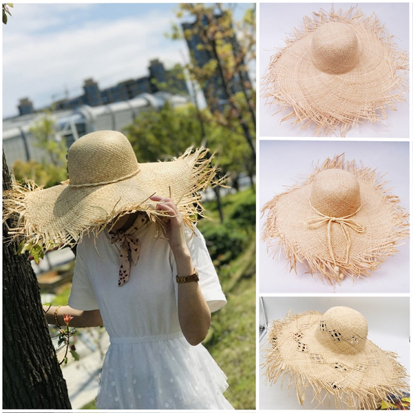 Natural Wide Brim Raffia Straw Hats Hand Woven Circle Tassel Plain Large Beach Summer Sun Caps 2406