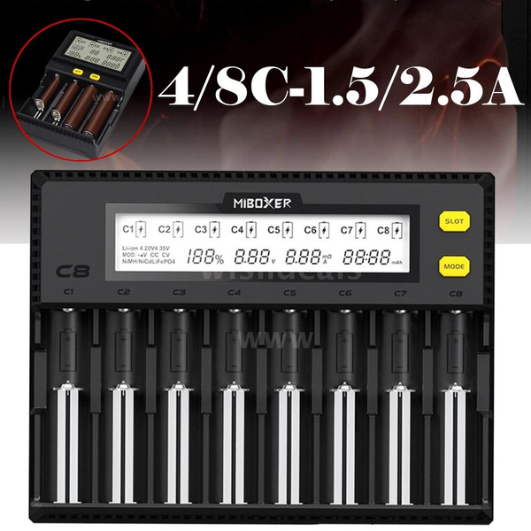 Miboxer 18650 Battery Charger 8 Bay Intelligent Automatic LCD Display for Li-ion LiFePO4 Ni-MH Ni-Cd AA AAA C 18700 21700 20700 26650 18350 17670 RCR123 Batteries /& More