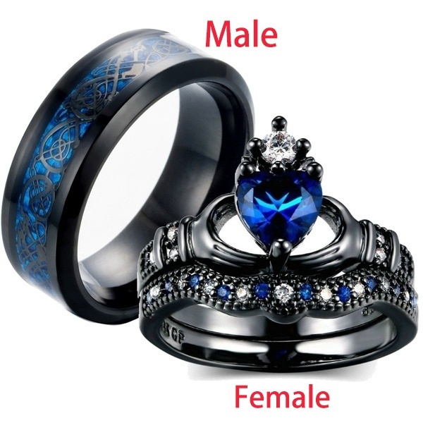 Couple Wedding Rings Blue Sapphire Womens Rings Set&Mens Titanium Steel Bands 
