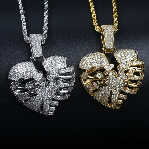 New Iced Out Heart Pendant Necklace Mens Copper Colourful Zirconia Gold