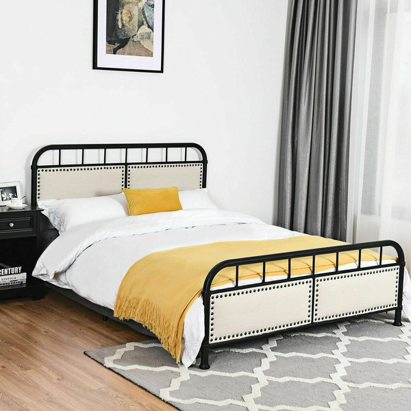 Queen Size Metal Bed Frame Upholstered, Headboard And Footboard Bed Frame For Queen Size