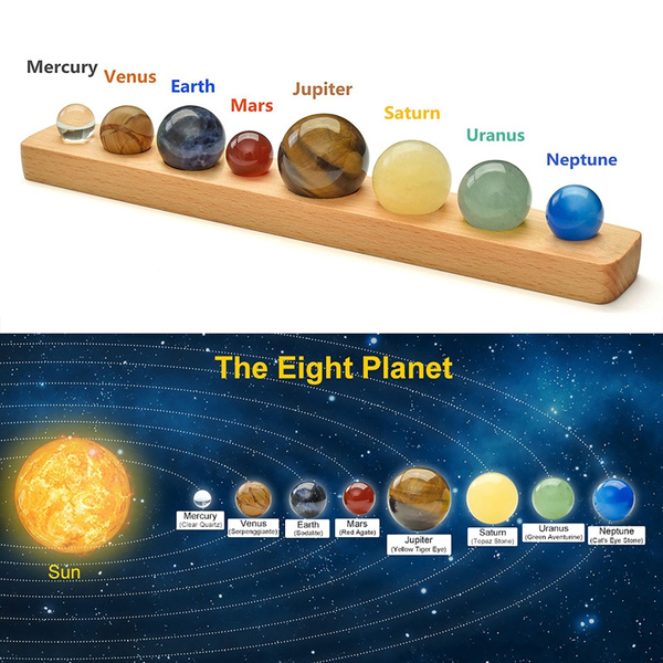 Solar System 8 Planets Crystal Sphere Ball Natural Gemstone on Wooden Stand Gift