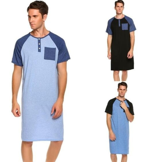 YAGAIU Men Comfort Henley Short Sleeve Nightshirt Patchwork Sleep Shirt Nightwear Pyjama Tops 