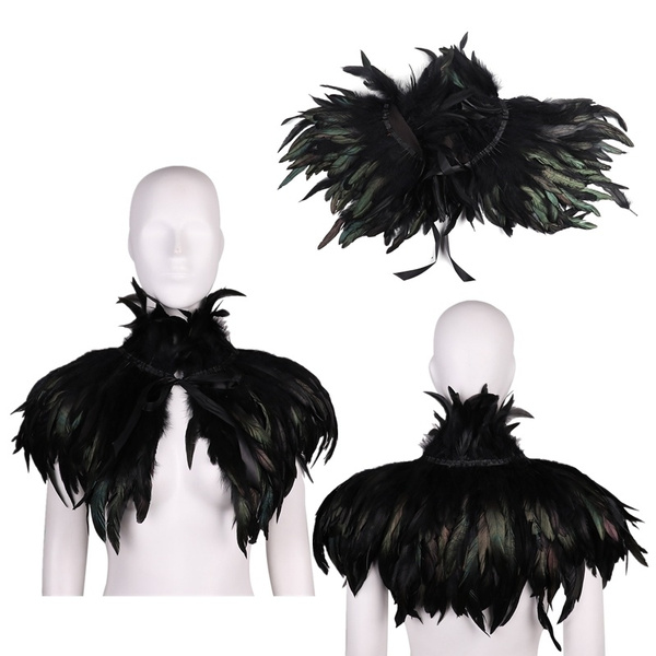 Victorian Feather Shrug Shawl Shoulder Wrap Cape Gothic Collar with Ribbon HQ 