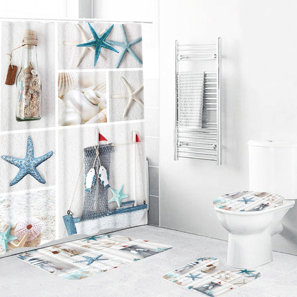 Nautical Shower Curtain Bath Mat Toilet Cover Rug Starfish Bathroom Decor 