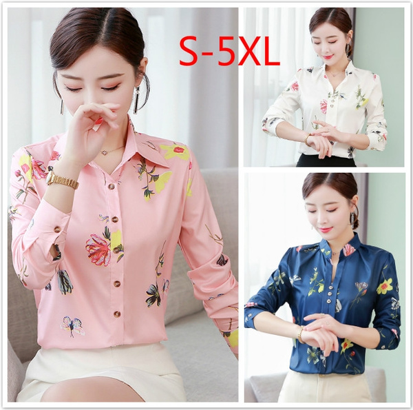 2019 Womens Fashion Floral Print Long Sleeve V-neck Shirts Plus Size S ...