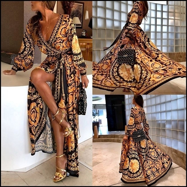 Antaina Vintage Floral Print Long Sleeve Maxi Dress - Black Cocktail Night Out Robe For Party, Beach, Dinner & Holiday