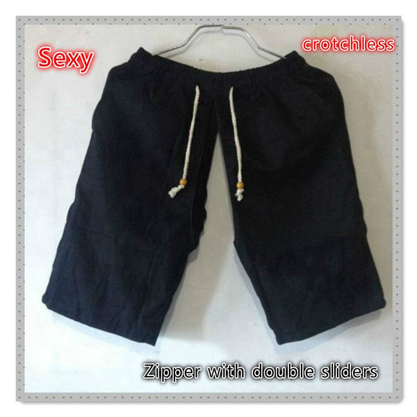 Men Crotchless Zip Shorts Casual Pants 