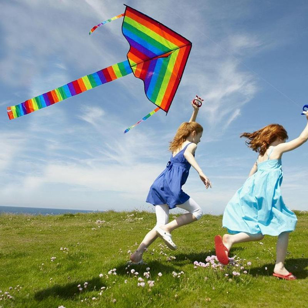 1x Colorful Rainbow Kite Long Tail Nylon Outdoor Kites Flying Toys