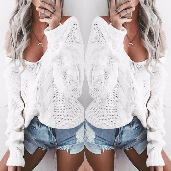 Fashion Womens V neck Off Shoulder Oversized Baggy Jumper Knitted