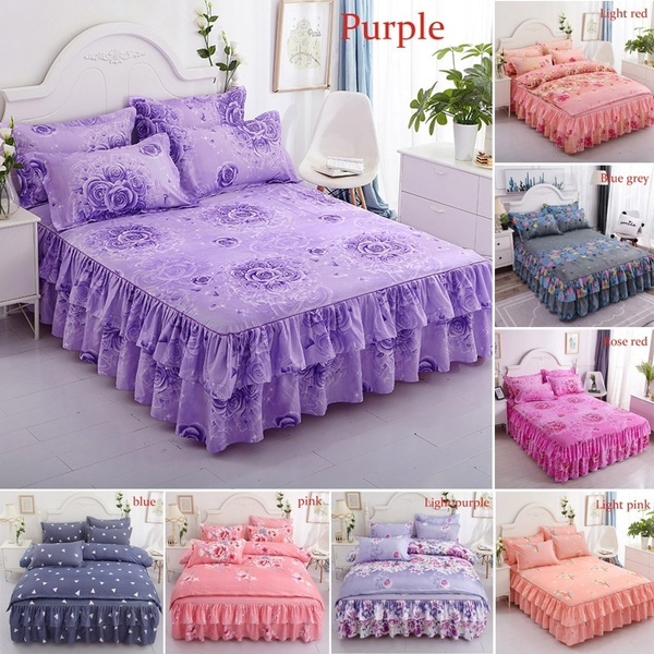 Flower Pattern Printed Ruffled Elastic Bed Skirt 2 Pieces Pillowcase Set Twin Full Queen King Size 8 Colors Purple Pink Blue Grey Blue Light Purple Rose Red Light Pink Light Red Wish