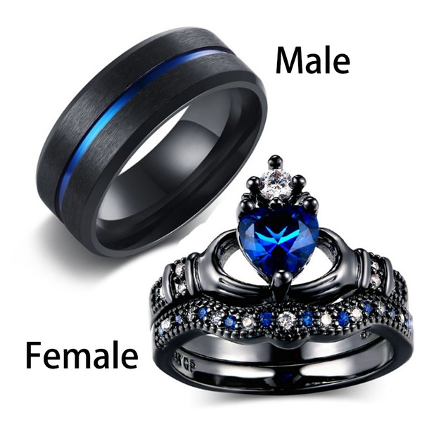 1Pc Couple Ring 8Mm 316L Stainless Steel Men''S Ring Black Gold Filled Blue  Sapphire Women''S Wedding Ring Jewelry Anniversary Proposal Gift Party