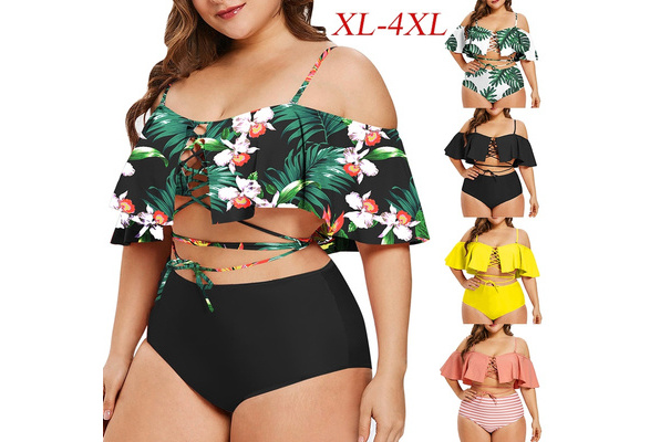 Womens Plus Size Swimwear Two Piece High Waisted Bathing Suits Sets Ruffle Off Shoulder Printed Bikini Monokini