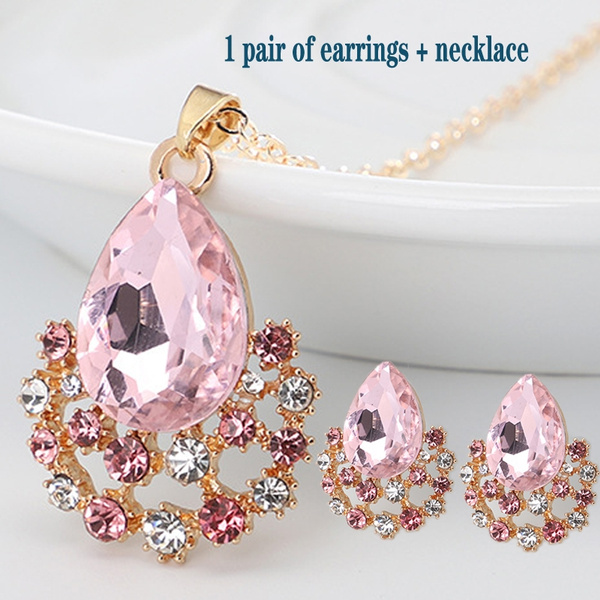 Ladies Pendant Set Pink Jewellery Earring Necklace UK Fashion Crystal Stud Gift