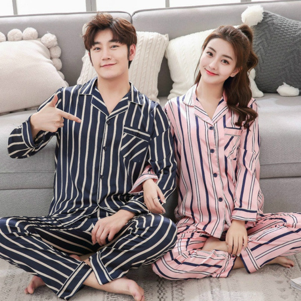 Women/Men New Fashion Striped Pajama Sets 2PCS Soft Silk Sleepwear Sets  Cami Nightwear PJS Set