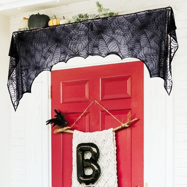 OurWarm Black Lace Spider Web Window Panel Bat Lace kitchen Door Halloween Decor 