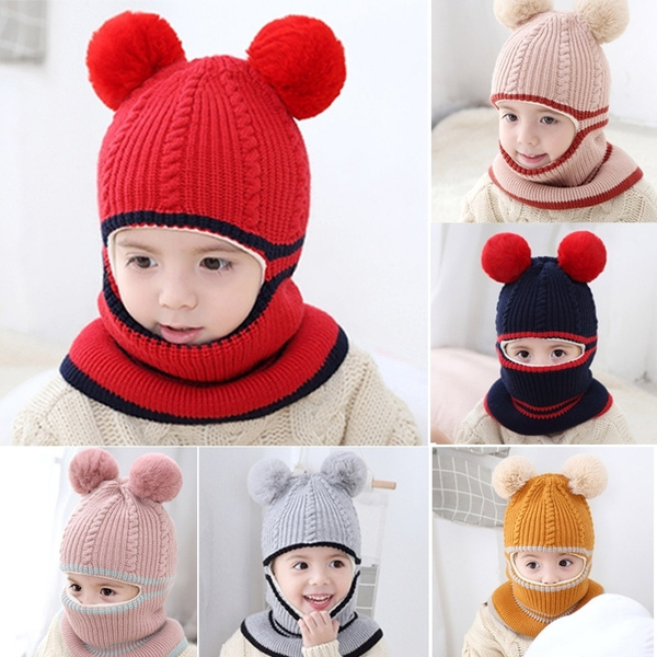 WIKEA Baby Girls Boys Toddler Winter Hat Scarf Set Cutest Earflap Hood Warm Knit Hat Scarves with Ears Snow Neck Warmer Cap for Kids 6-36 Months