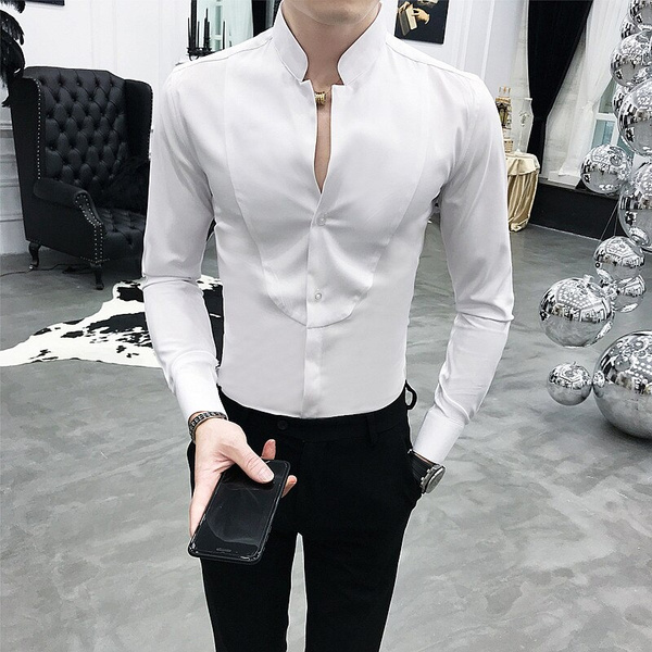 2019 New Unique Stand Collar Shirt Black Red White Solid Slim Fit Long  Sleeve Camisa Social Masculina Men Dress Designer Shirt