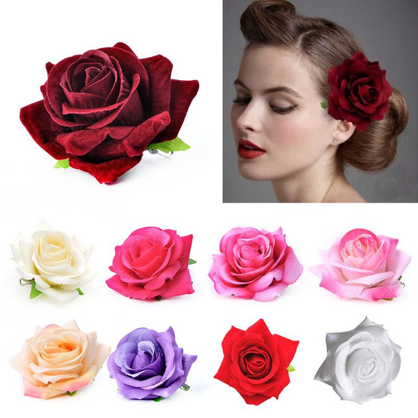 Rose Flower Hair Clip, Floral Brooch Feather Corsage Rose Hair