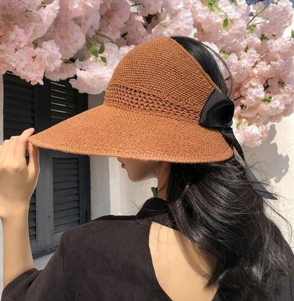 Foldable Women Ponytail Sun Cap Ribbon 
