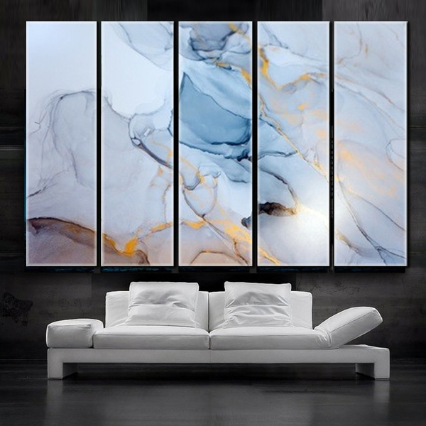 Large 5 Panels Big Teal Blue Frameless, Wall Decor For Living Room Blue