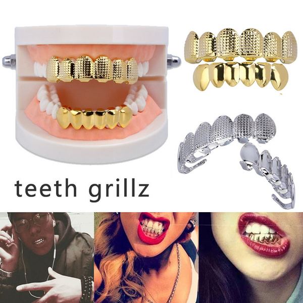 HIP HOP Rapper Gold Silver Teeth Grillz for Unisex Tooth Caps Top & Bottom 6 Teeth Grills Fashion Jewelry Wish