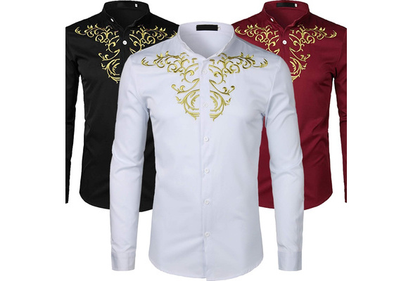 Mens Stylish Embroidery Slim Fit Long Sleeve Button Up Mandarin Collar  Shirts Collarless Shirt Grandad Collar Shirt White Shirt Black Shirt