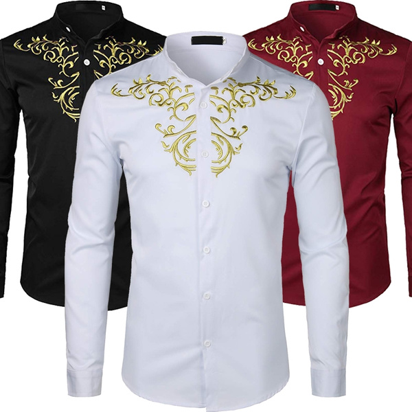 Mens Stylish Embroidery Slim Fit Long Sleeve Button Up Mandarin Collar  Shirts Collarless Shirt Grandad Collar Shirt White Shirt Black Shirt