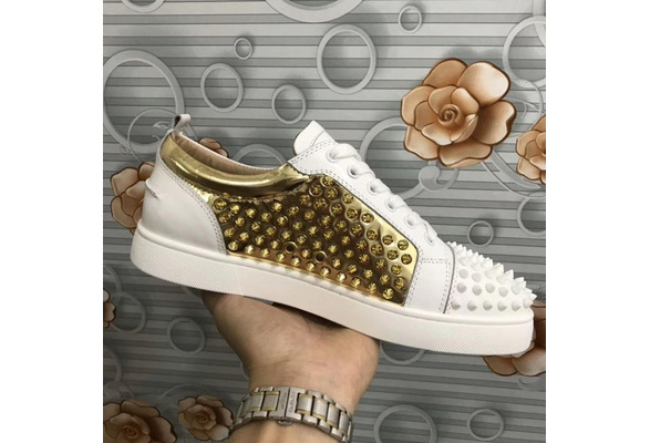 Luxury Designer White Leather Red Bottoms Low Top Gold Rivets Shoes For  Men's Casual Flats Loafers Women's Spikes Brand Sneakers
