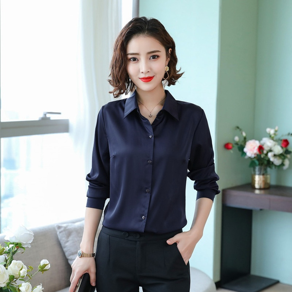 Women Ladies Imitated Silk Satin Shirt Long Sleeve Business Formal