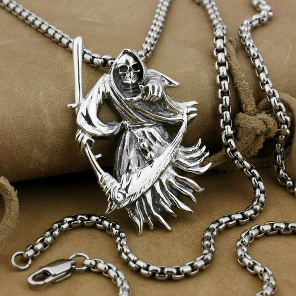 Gothic Vintage 316L Stainless Steel Grim Reaper Death Scythe Skull