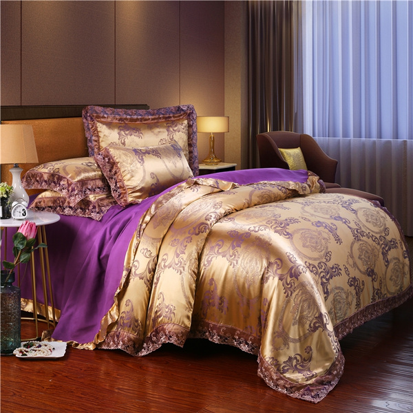 Elegant Gold Purple Lace Jacquard, Purple Bedding King Size