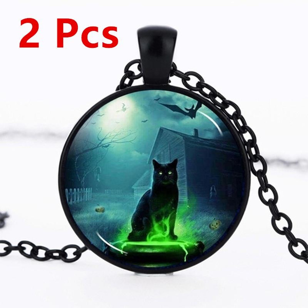2 Pcs Halloween Jewelry Pumpkin Head Black Cat Cabochon Glass Dome
