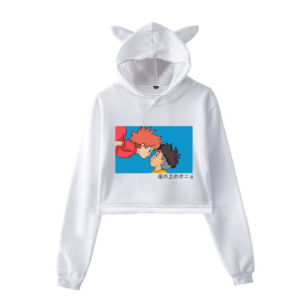 Women s Long Sleeve Crop Top Hoodie Ponyo on the Cliff Anime