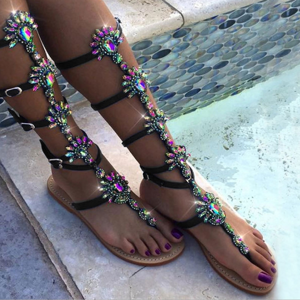 Rhinestone knee high deals gladiator sandals