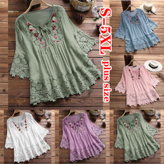 Plus Size S-5xl Summer 3/4 Sleeve Lace Casual Women T-shirts V Neck Solid Color Loose Blouses for Women