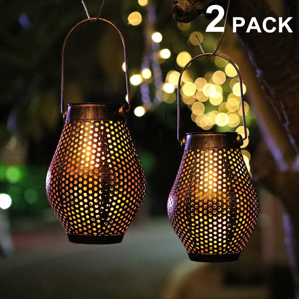 Solar Lantern Lights Outdoor Flame Hanging Garden Decor 2 Pack 