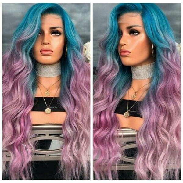 Sexy Girl Curly Wavy Full Wig Synthetic Hair Rainbow Colorful Wigs Ombre Wigs