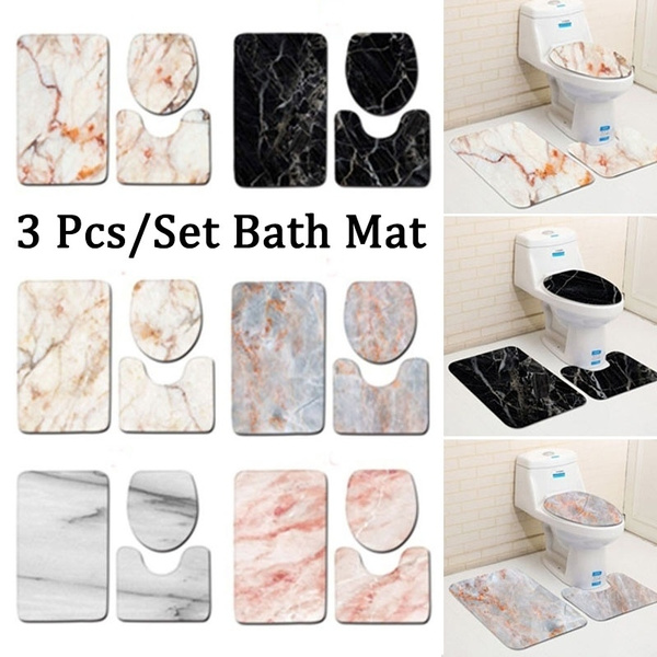 Marble Pattern Toilet Seat Lid Cover Bathroom Mat Set Pedestal Rug Bath Mats
