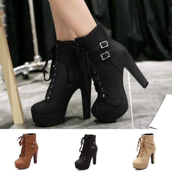 Details about   Women Chic Lace Pieced Buckle Chunky High Heel Platform Ankle Boots Knight Shoes