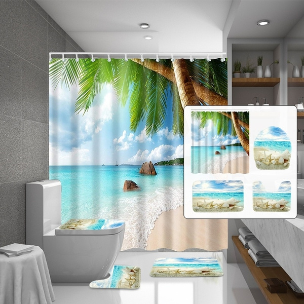 4pcs Bathroom 3d Tropical Beach Palm Trees Scenery Waterproof Shower Curtain Anti Slip Bath Mats Carpets Pedestal Rugs Toilet Seat Cover Set Wish 4pcs Bathroom 3d Tropical Beach Palm, Palm Tree Shower Curtains Bath Accessory Sets