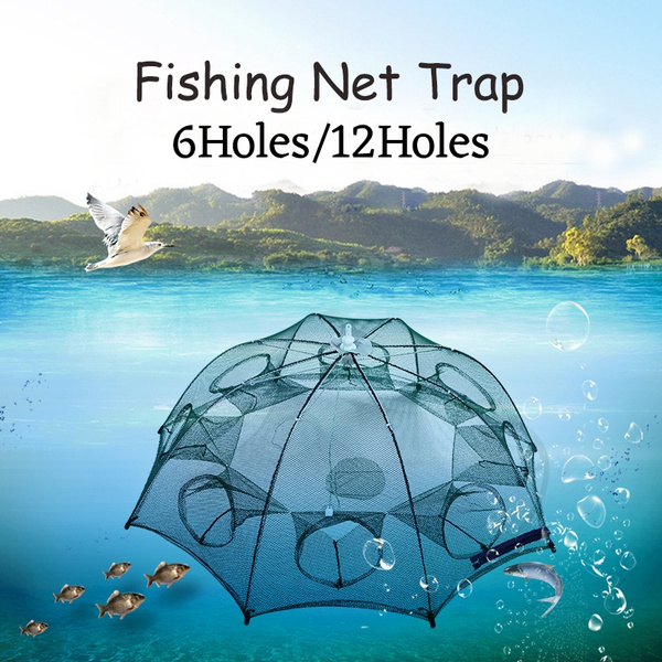 6/12 Holes Automatic Fish Trap Cage Umbrella Fishing Net Folding Foldable  Nylon Mesh Cast Crab Shrimp Fish Accessories
