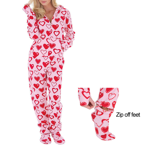 Women Fleece Printed Onesie Pink Footed Sleeper Adult Footed