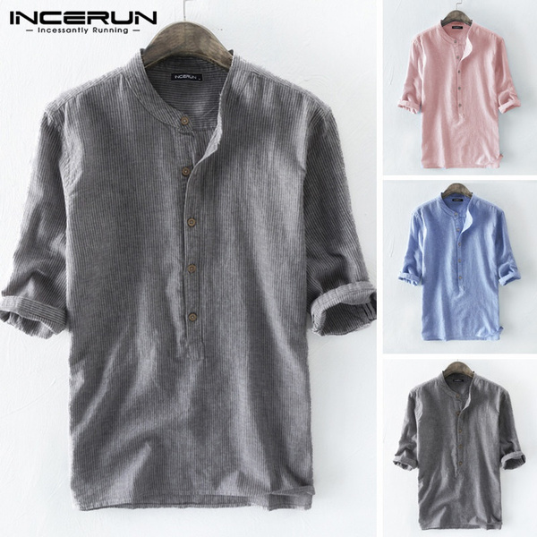 Mens 3/4 sleeve shirt Stripe Cotton 
