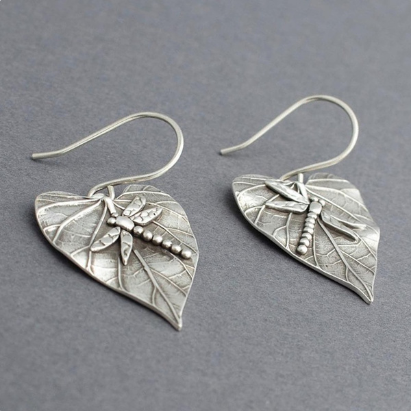 Fashion Women 925 Sterling Silver Leaf Dragonfly Hook Drop Dangle Earrings  Stud Vintage Earring Jewelry Party Gifts
