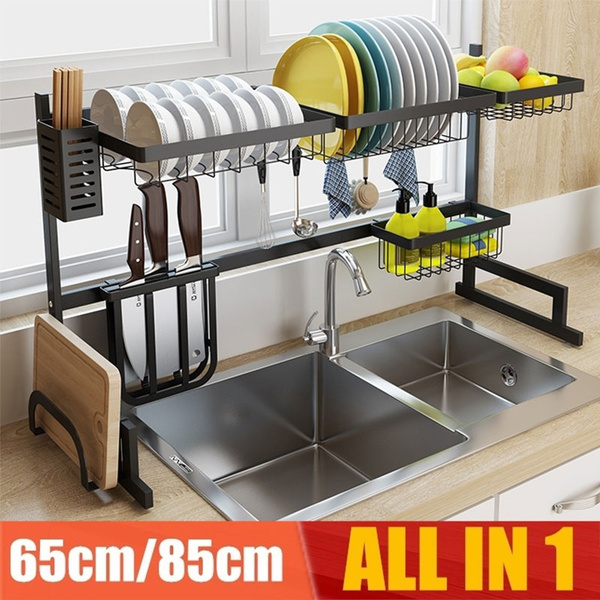 Black 65/85cm Stainless Steel Kitchen Dish Rack U Shape Sink Drain