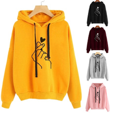 New Fashion Women's Hooded Sweater Casual Printed Finger Heart Long Sleeve Solid Color Loose Tops Hoodies Coat