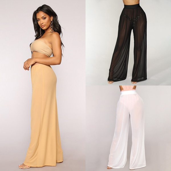 Womens Beach Mesh Sheer Wide Leg Pants Transparent Loose Long Pant