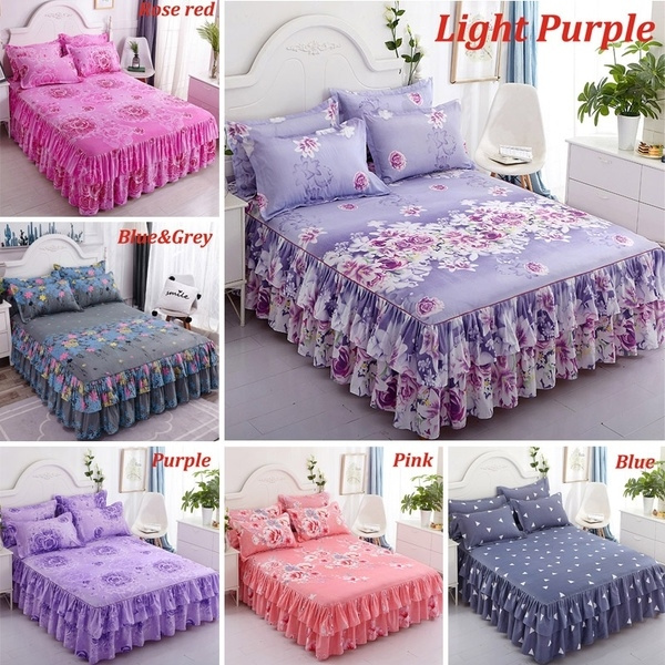 Flower Pattern Printed Ruffled Elastic Bed Skirt 2 Pieces Pillowcase Optional Set Twin Full Queen King Ca Size Bedding 8 Colors Purple Pink Blue Grey Light Rose Red Flower Pattern Printed Ruffled Elastic, Purple Queen Size Bed Skirt